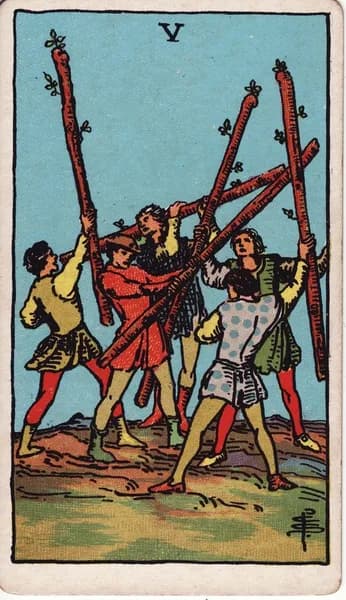 Carta dei tarocchi Rider–Waite–Smith: Cinque di Bastoni